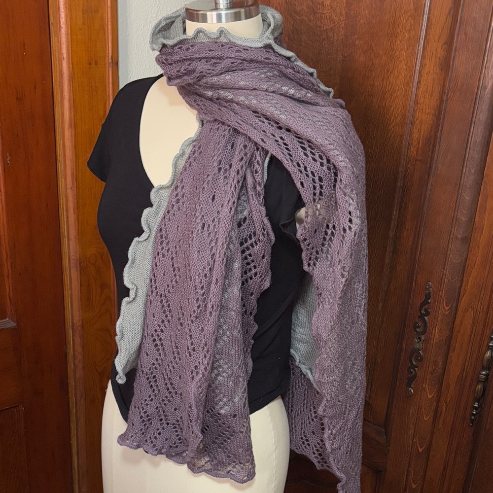 Elegant Crocheted Purple Lace Scarf w/ Ruffle Edges